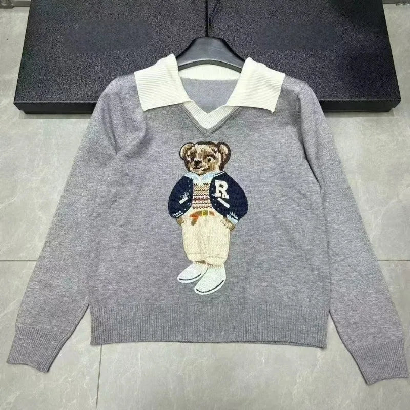 European Style Luxury Loose O-Neck Bear Pullover Women Autumn Winter Fashion Womens Tops Casual Ladies Knitted T-shirt Sweater