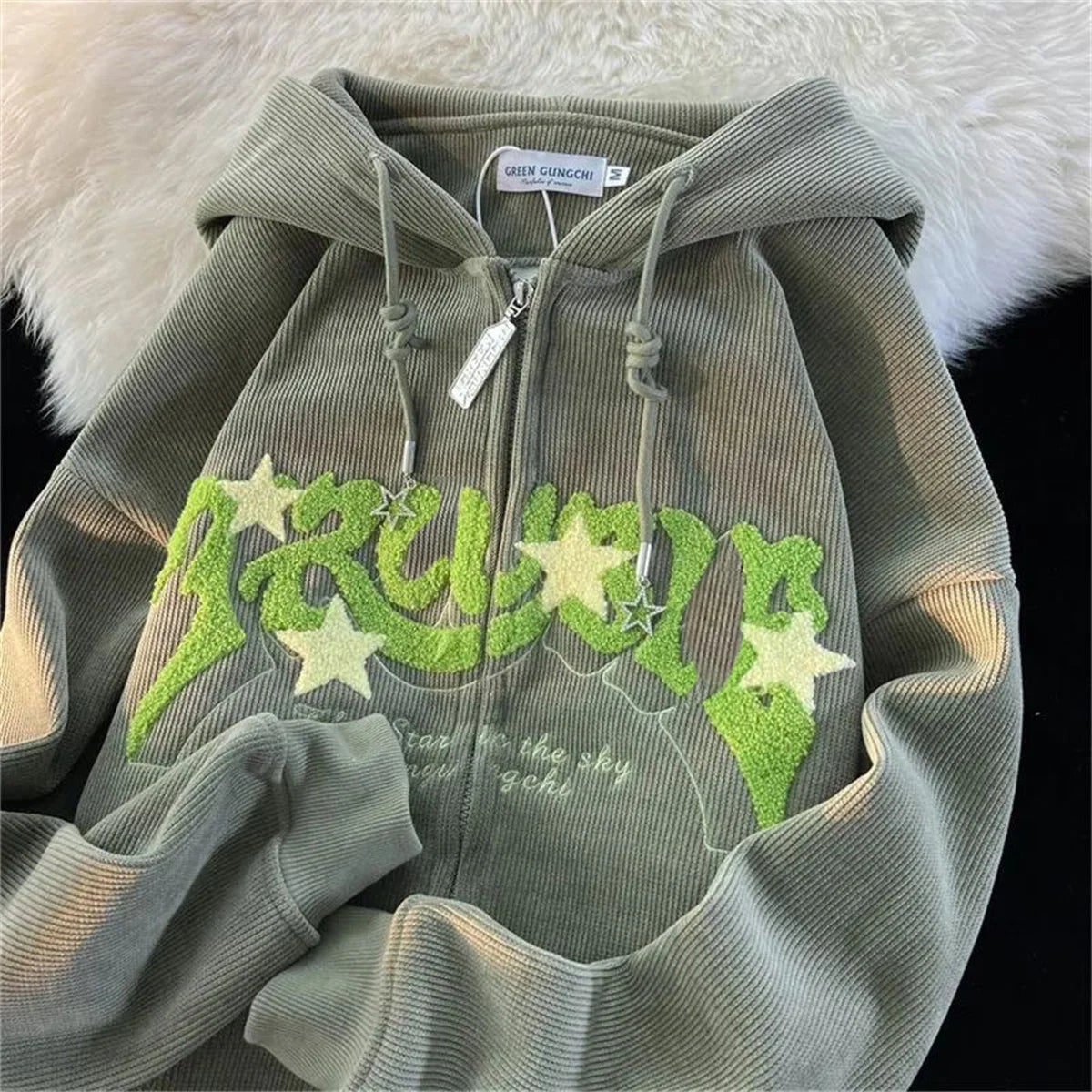 Hoodies Women Fashion Embroidery Zip Up Autumn Long Sleeve Tops Loose Hood Shirt Harajuku Y2K Clothes Female Sweatshirt Jacket