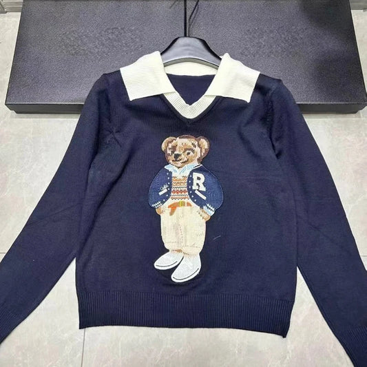 Cartoon Bear Jacquard Knit Pullover Women 2025 New Autumn O-Neck Long Sleeve Female Sweater Korean Fashion Knitwear Jumpers Tops