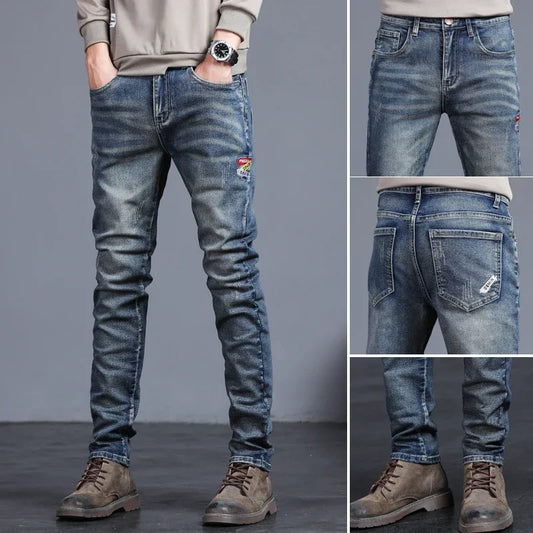 Men's Vintage Jeans Korean Fashion Slim Little Feet Embroidered Trousers Stretch Male Streetwear Denim Pants
