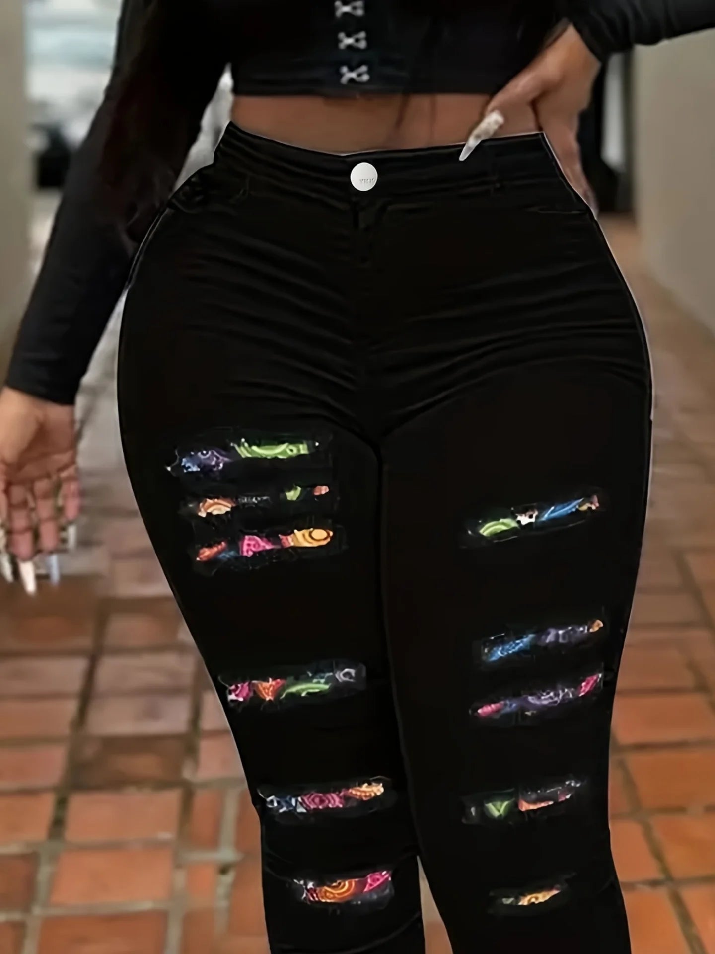 Women's plus size American sexy jeans, high stretch slim-fit pencil jeans, black color-blocked ripped slim-fit jeans