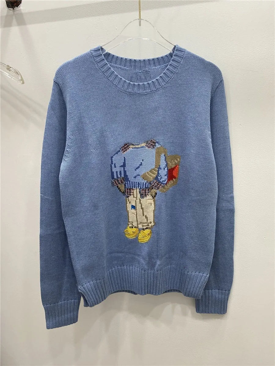 Soft Cotton Knit Sweater Women's Bear Embroidery Round Neck Top Autumn Winter Comfortable Wear Casual Embroidery Pullover