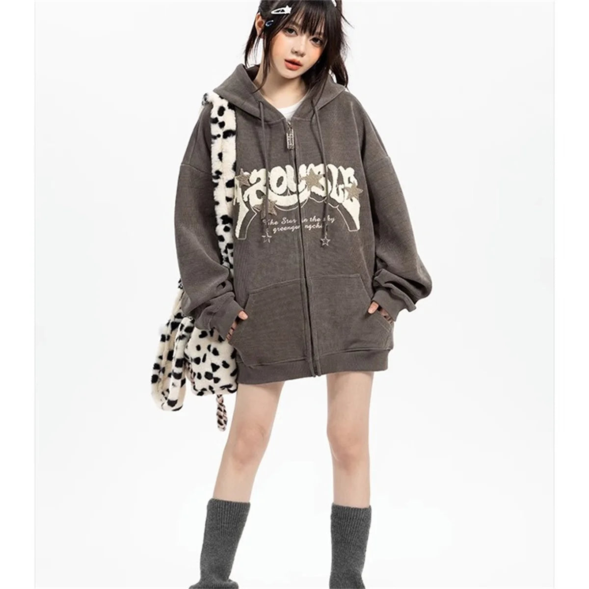 Hoodies Women Fashion Embroidery Zip Up Autumn Long Sleeve Tops Loose Hood Shirt Harajuku Y2K Clothes Female Sweatshirt Jacket