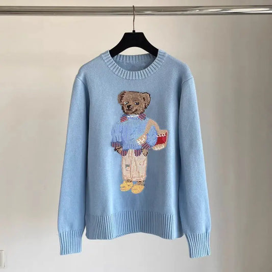 High Quality Fall Winter New Fashion Lazy Cartoon Bear Embroidery Loose Knitted Sweater Tops Women Casual Pullover Sweater Pull