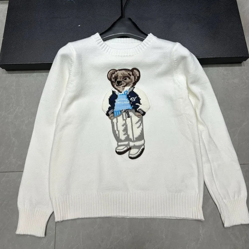 High Quality Light Luxury French Bear Embroidered Knitted Cardigan For Women New Fashion Casual Loose Sweater Coats Pulls Femmes