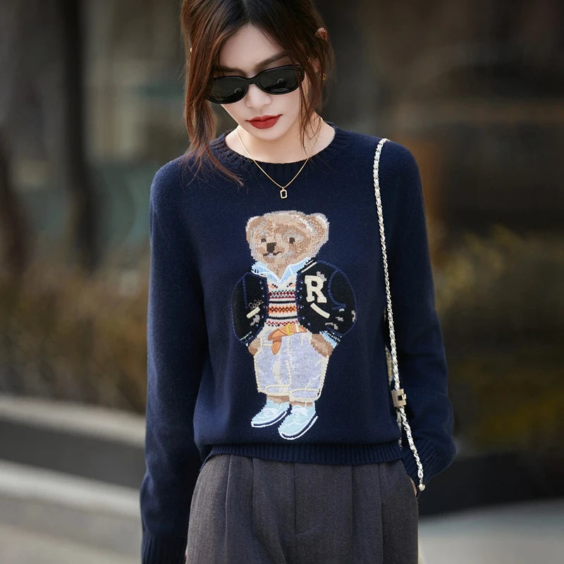 Korean Bear Embroidery Thickened Woolen Knitted Sweater Women's Base Layer Shirt Anti-Aging Sweater Fresh Sweet Style Princes...