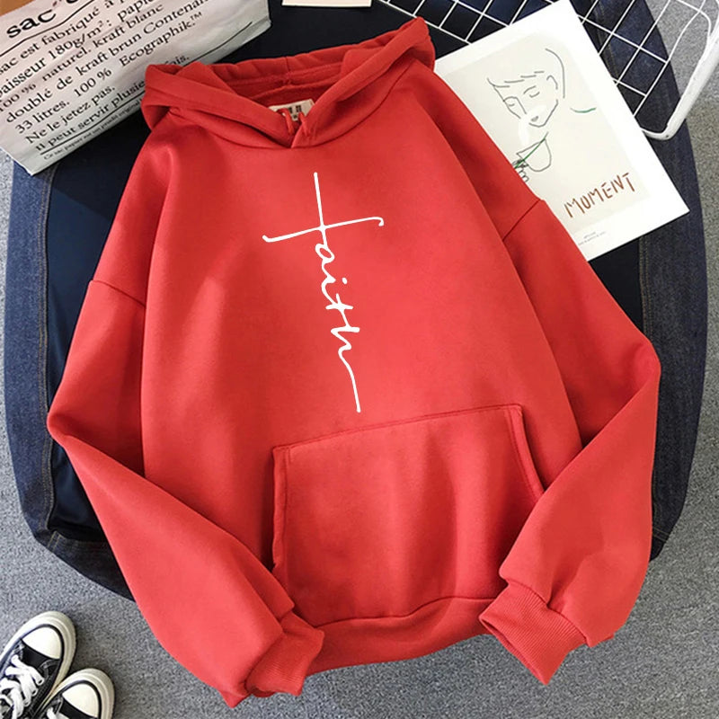 Women'S Fall Winter Hooded Streetwear Faith Print Back Hoodies Casual Drawstring Long Sleeve Kangaroo Pocket Sweatshirt Clothing