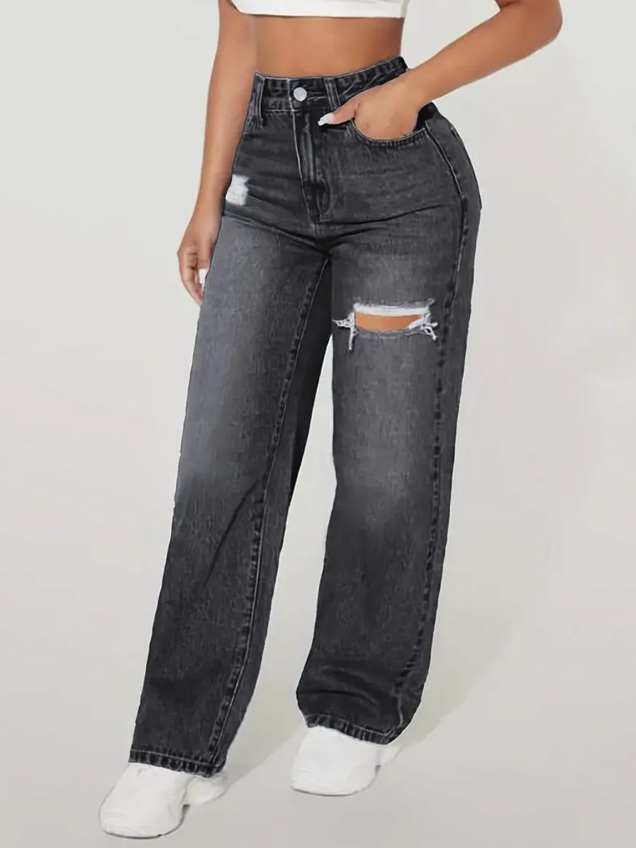 Washed Ripped Jeans, Women Four Seasons New Fashion Personality To Do Old Denim High Waist Straight Comfortable Wide Leg Pants
