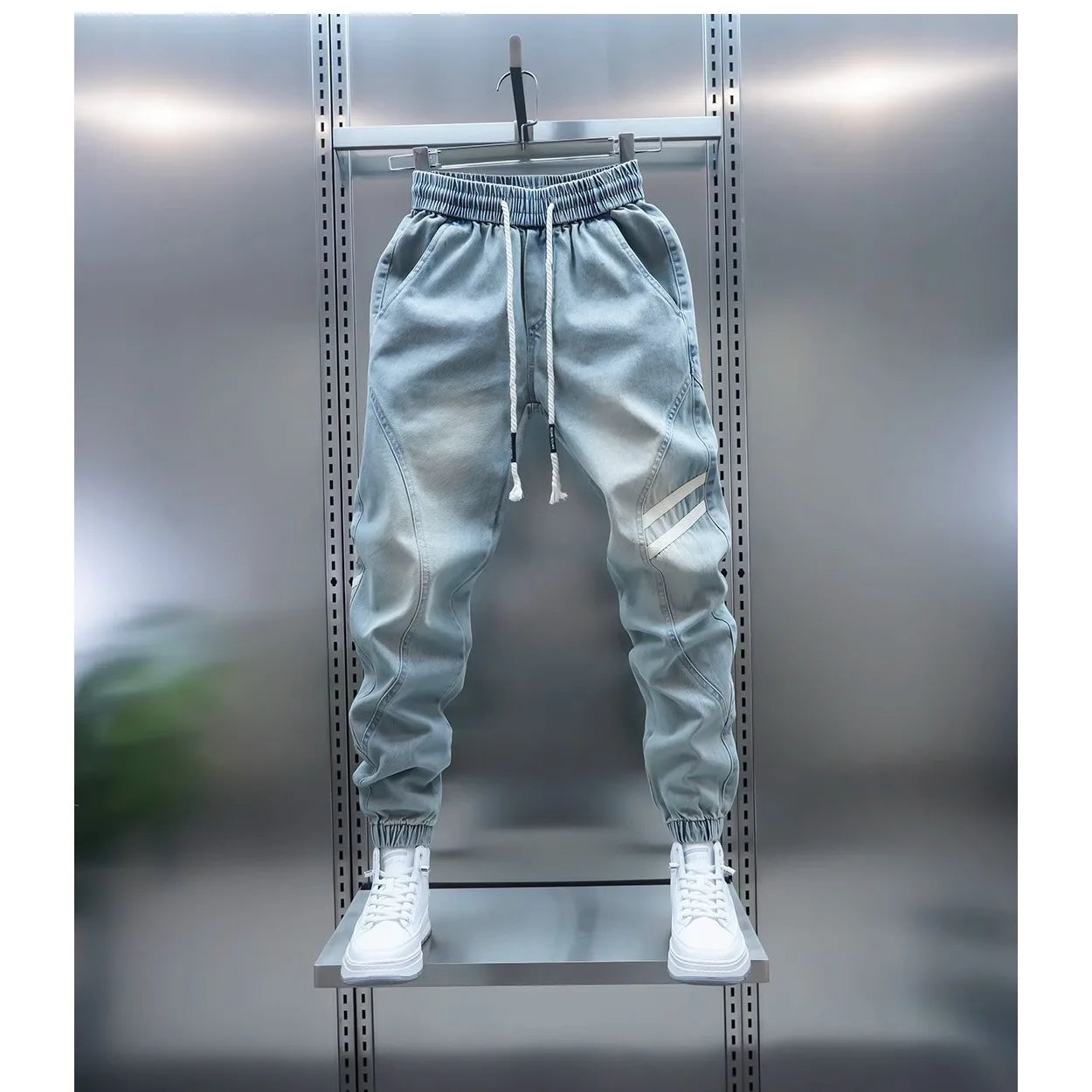 Men's Summer Slim Fit Jeans Light Blue Elastic Waist Patchwork Casual Pants Tapered Leg Jeans Harlan Sle Breathable Comfort...