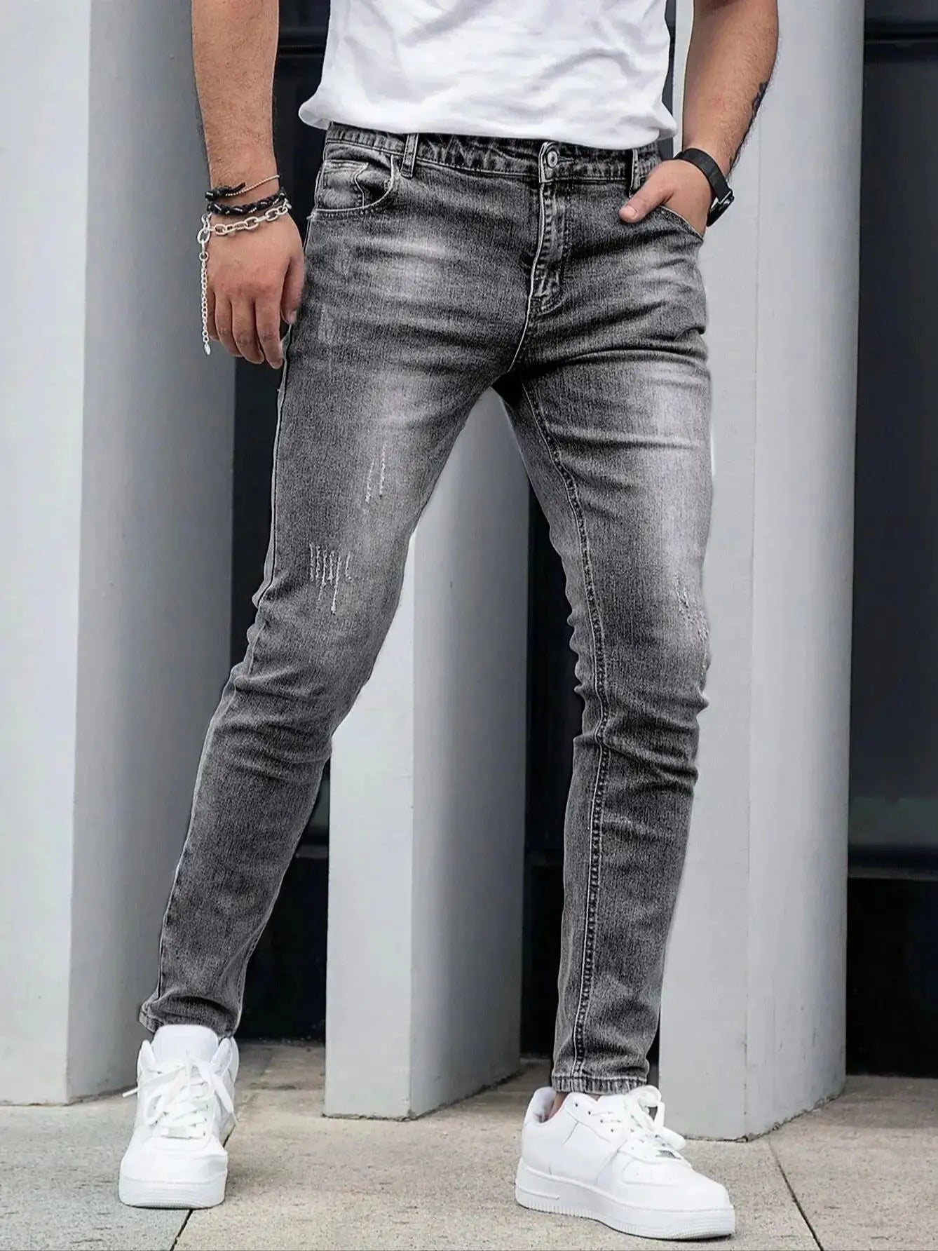 Men's Four-Season Snowflake Washed Fashion Jeans, Stretch Slim Fit Light Gray Dark Black Casual Denim Pants, Normcore and Fashionable, Suitable for Everyday Wear