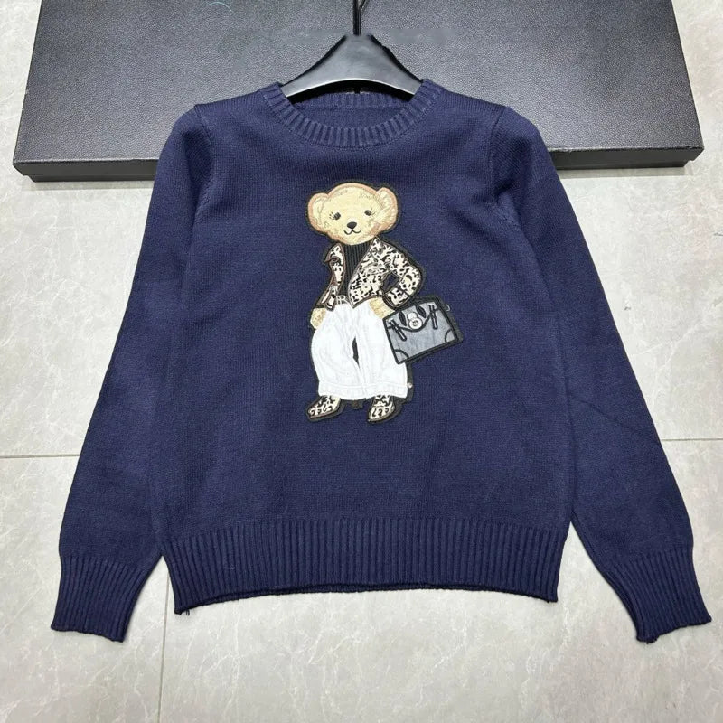 High Quality Light Luxury French Bear Embroidered Knitted Cardigan For Women New Fashion Casual Loose Sweater Coats Pulls Femmes
