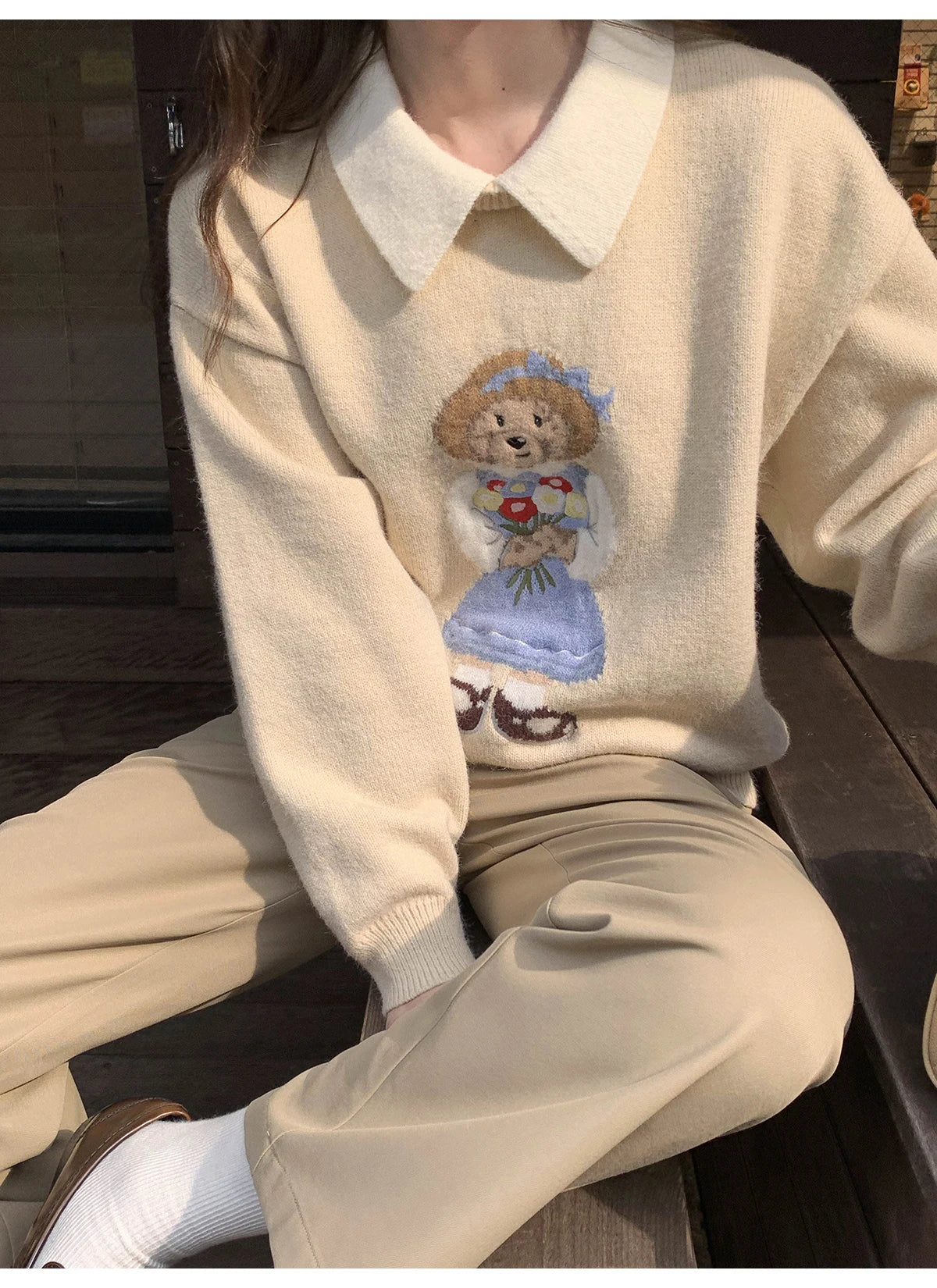 High Quality French Vintage Luxury Bear Jacquard Sweater For Women Autumn New Fashion Korean Casual Loose Pullover Knitted Tops