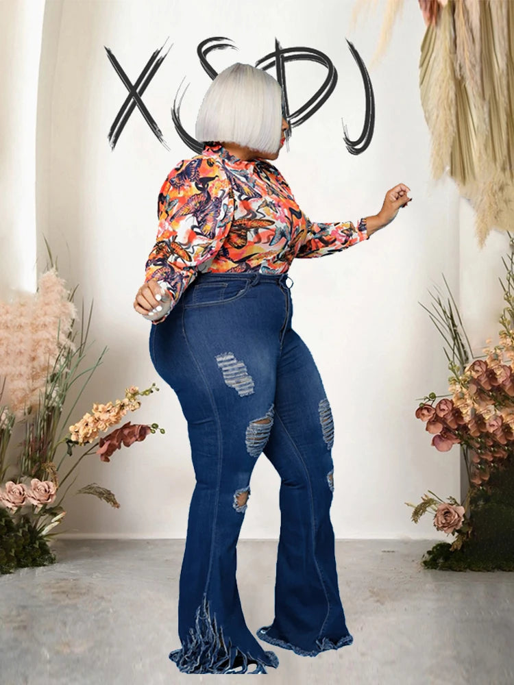 Pus Size  Ladies Jeans High Waist Woman Tassel Vintage Jeans Ripped Plus Size Fashion Elegant Flared Jeans Wholesale Dropshipping