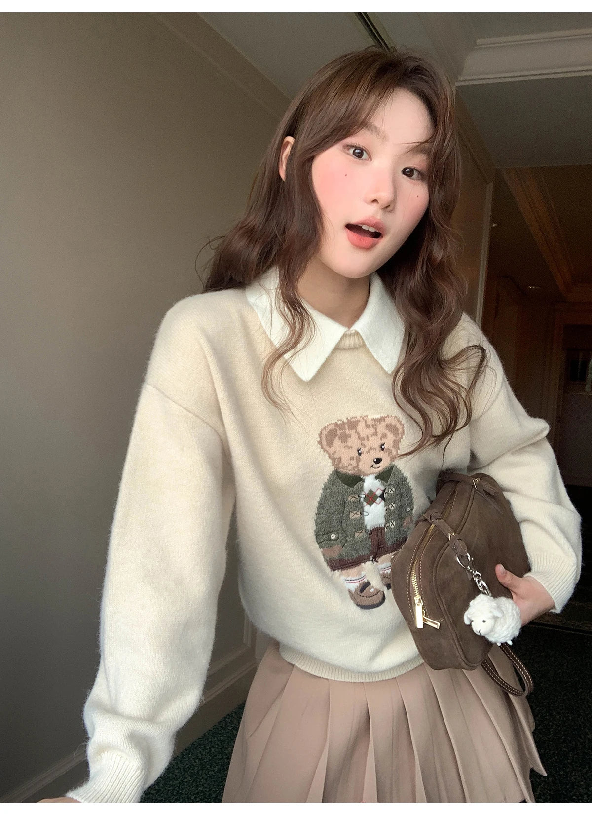 High Quality French Vintage Luxury Bear Jacquard Sweater For Women Autumn New Fashion Korean Casual Loose Pullover Knitted Tops