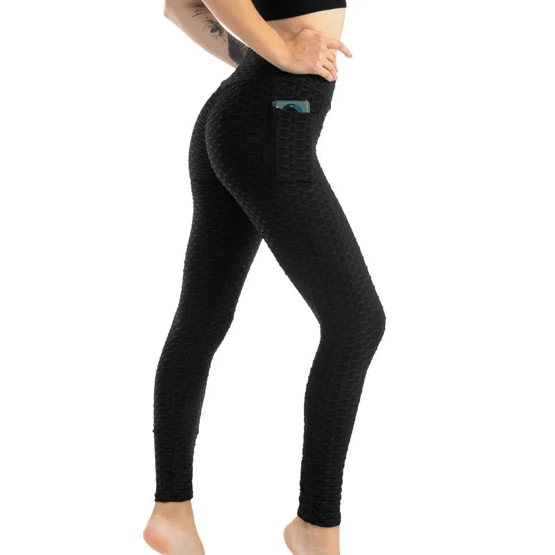 Leggings Women Fashion Pocket Bubble Pants Stretchy Slim Leggings Gym Running Cycling Fitness Pants High Waist Hip Lift Leggings Female