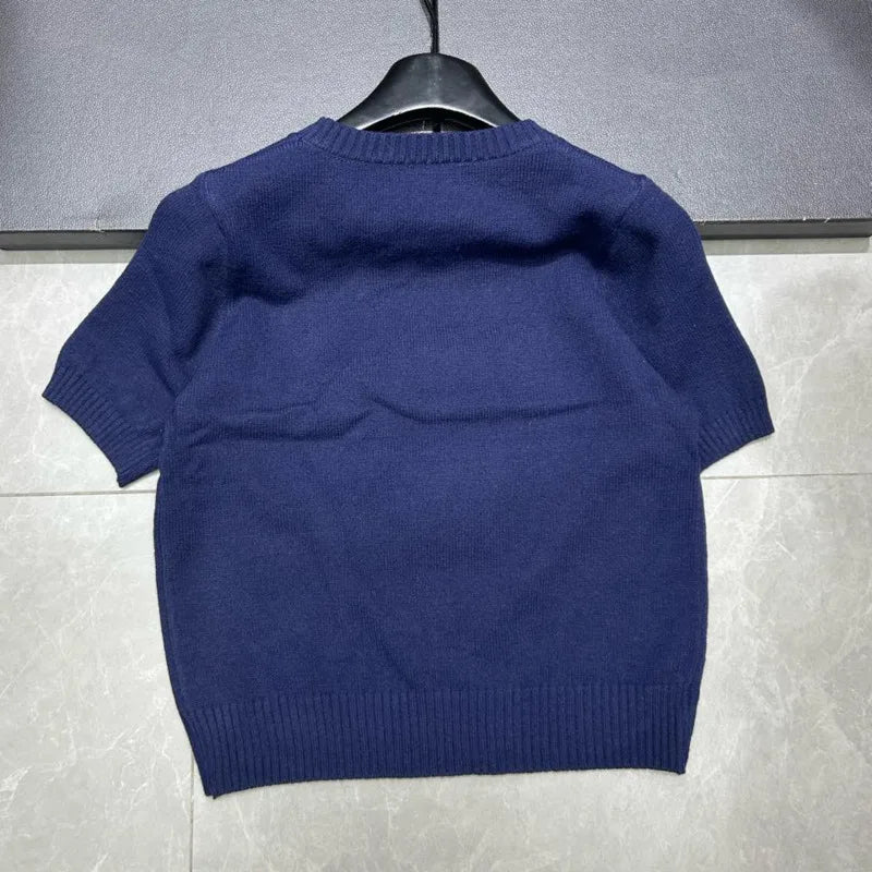 European Style Luxury Brand Loose O-Neck Bear Pullover Tops Knitwear Woman Short Sleeve T-shirt Ladies Wool Knitted Sweater