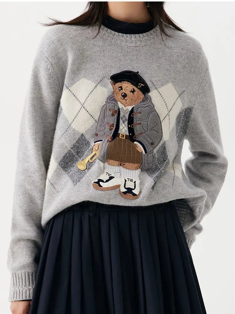 High Street Luxury French Ladies Embroidery Bear Knitted Pullover Sweater For Women Fashion Casual Knitwear Tops Pull Femme