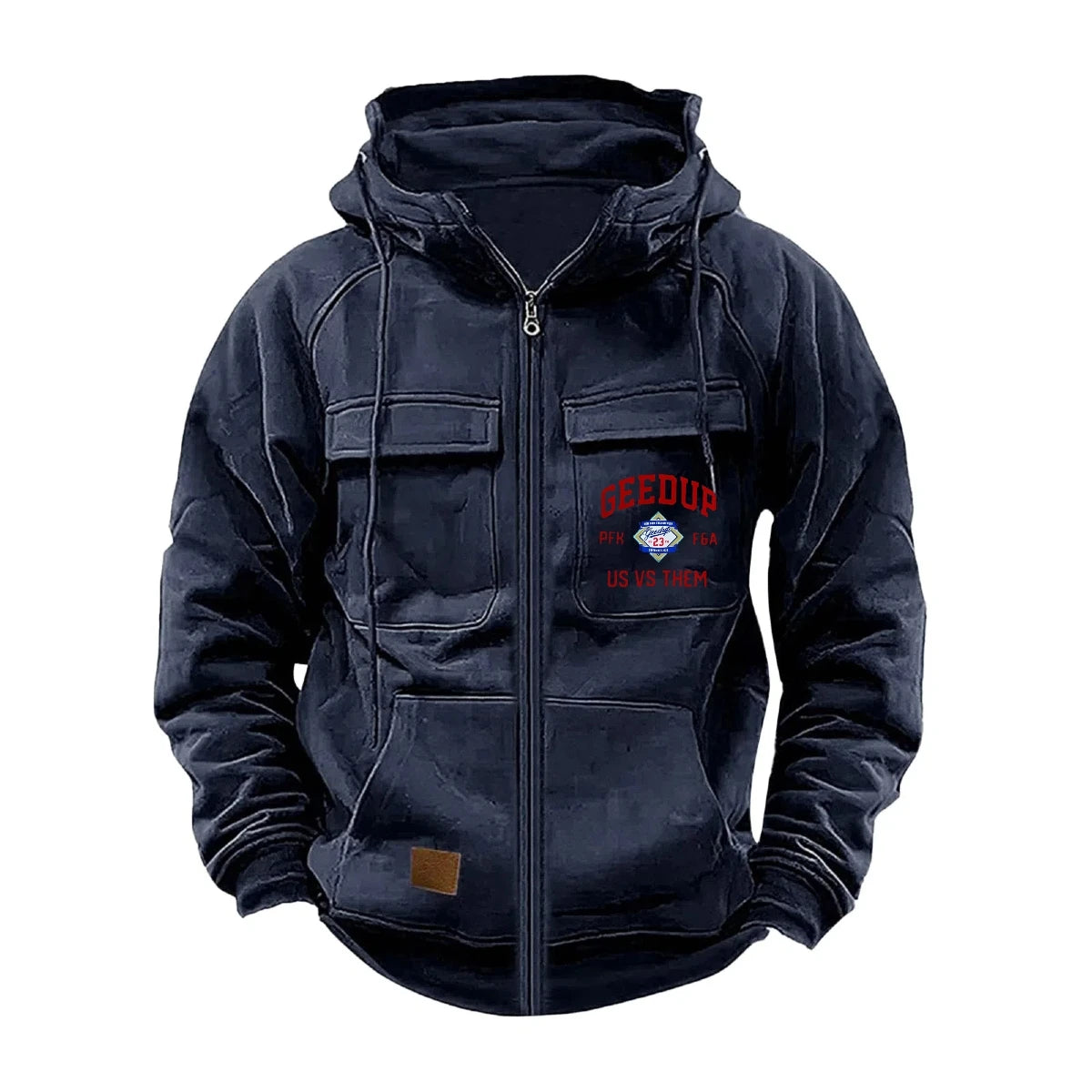 JUMPER Solid-Color Zipper Pullover Hooded Sweater Casual Loose Street-Style Multi-Pocket Hooded Sports Coat