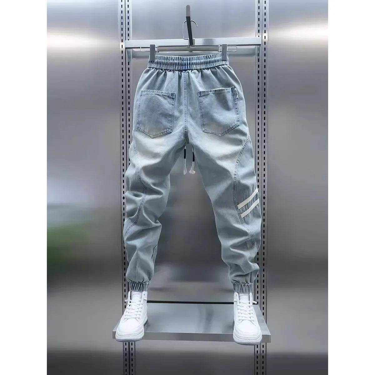 Men's Summer Slim Fit Jeans Light Blue Elastic Waist Patchwork Casual Pants Tapered Leg Jeans Harlan Sle Breathable Comfort...