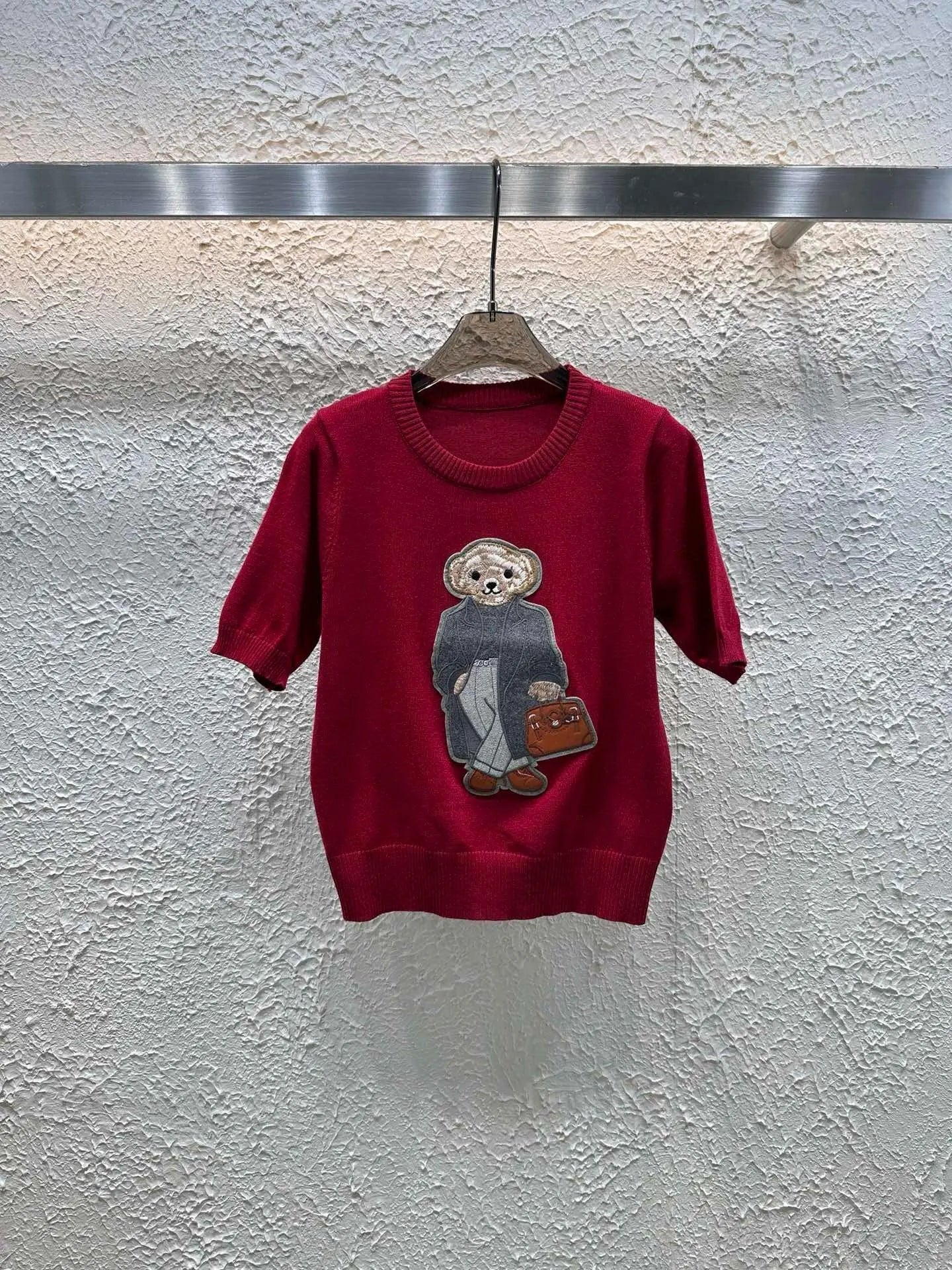 European Style Luxury Brand Loose O-Neck Bear Pullover Tops Knitwear Woman Short Sleeve T-shirt Ladies Wool Knitted Sweater