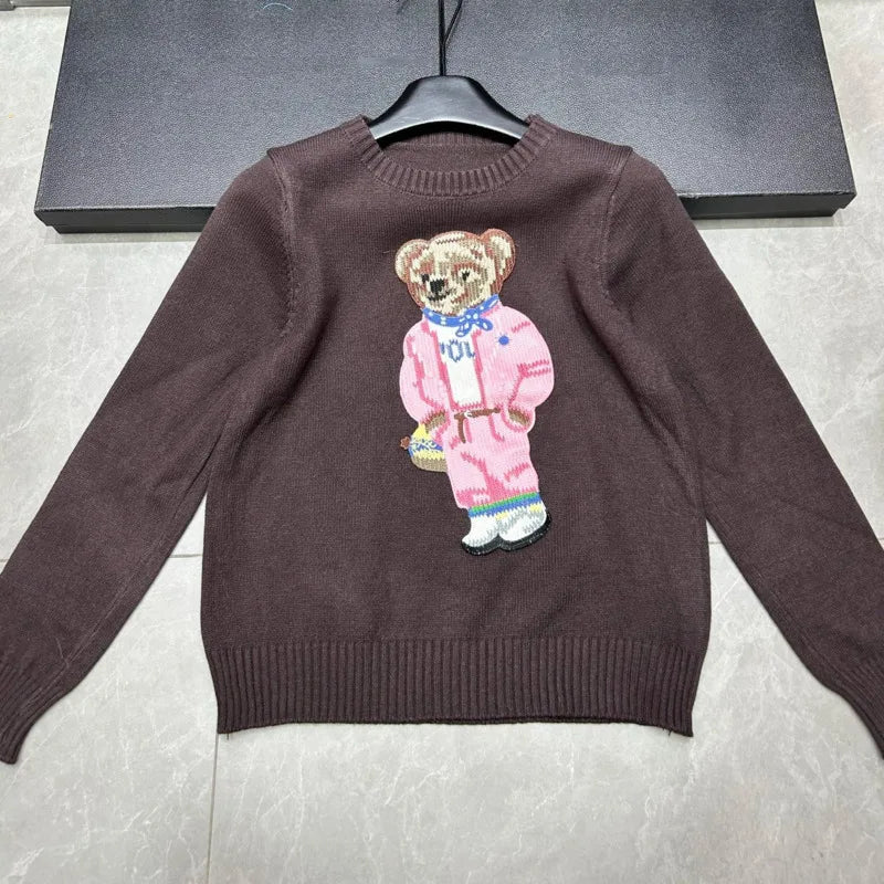High Quality Light Luxury French Bear Embroidered Knitted Cardigan For Women New Fashion Casual Loose Sweater Coats Pulls Femmes