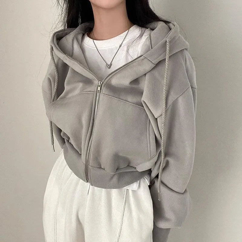 Hoodies Women Casual Streetwear Zip Up Sweatshirts Long Sleeve Jackets Harajuku Y2K Crop Tops Hood Shirt