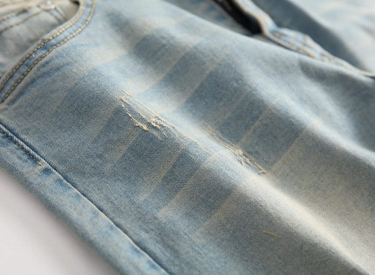 Men Vintage Wash Solid Denim Trouser Mens Casual Slim Fit Pencil Denim Holes Pants 2024