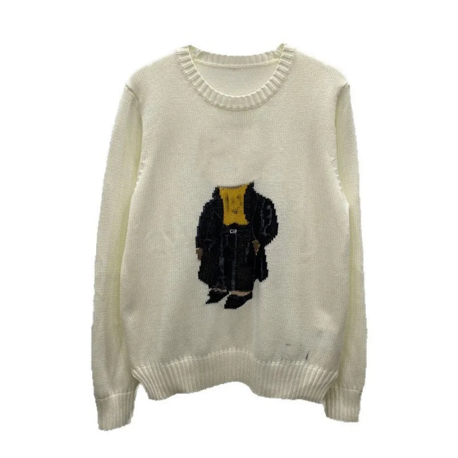 Soft Cotton Knit Sweater Women's Bear Embroidery Round Neck Top Autumn Winter Comfortable Wear Casual Embroidery Pullover