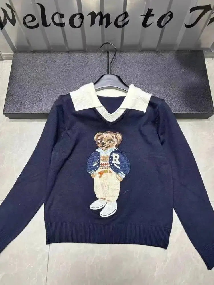 High Quality French Knitted Sweater Women Bear Cartoon Embroidery Long Sleeve Pullover Tops Jumper Korean Fashion Ladies Clothes
