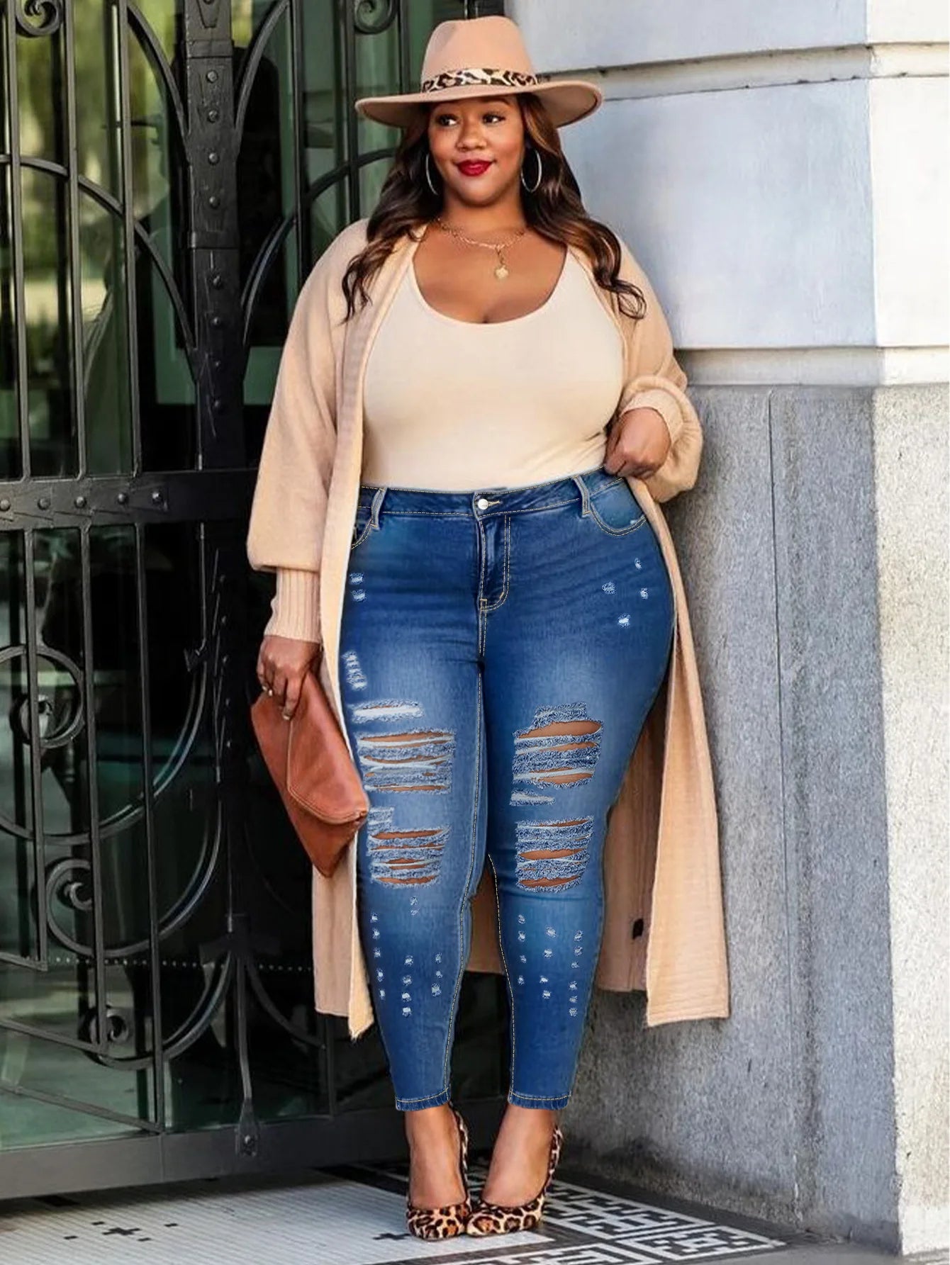 Women's Plus Size Skinny Jeans with Ripped High Stretch - American Sexy Plus Size Jeans