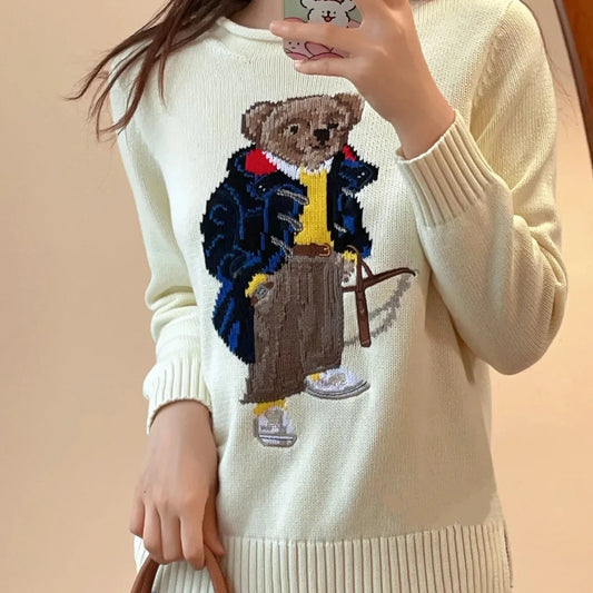 Cute Bear Pattern Cotton Knitwear Sweet Style Versatile Long Sleeve round Neck Sweater Autumn Winter New Arrival for Women