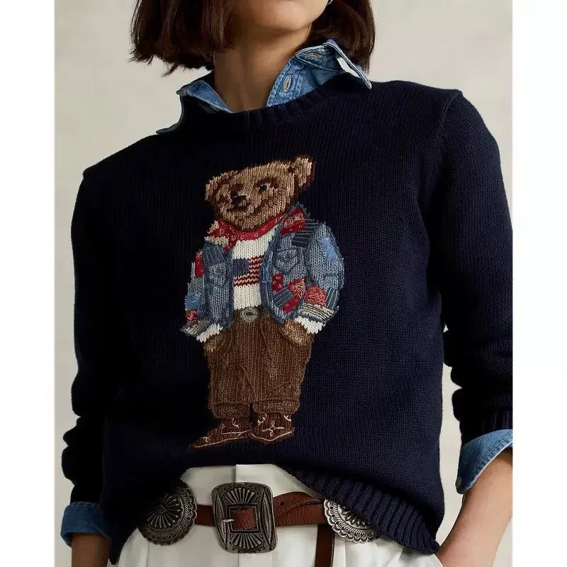 Embroidered loose Women's Knitted Sweater Pure Cotton Cartoon Bear High Quality Autumn and Winter Sweater Christmas Atmosphere