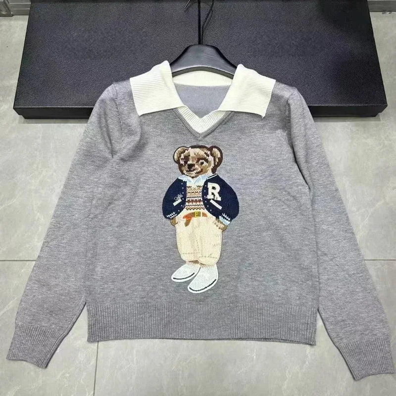 Cartoon Bear Jacquard Knit Pullover Women 2025 New Autumn O-Neck Long Sleeve Female Sweater Korean Fashion Knitwear Jumpers Tops