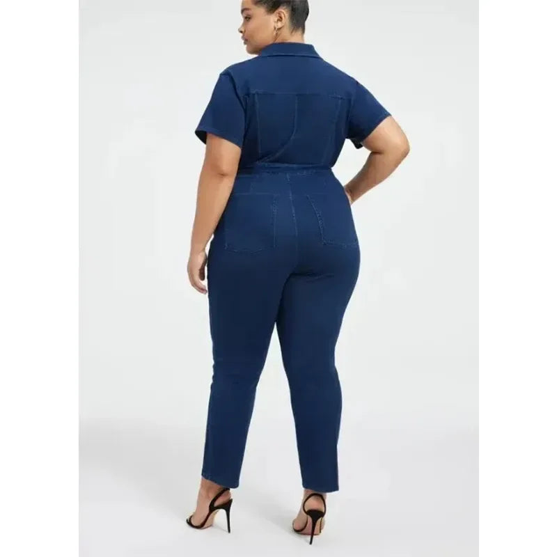 Fashion Jeans Plus Size Denim Jump Suits for Women Slim Short Sleeve Turn Down Collar Overalls Rompers Female One-piece Pants