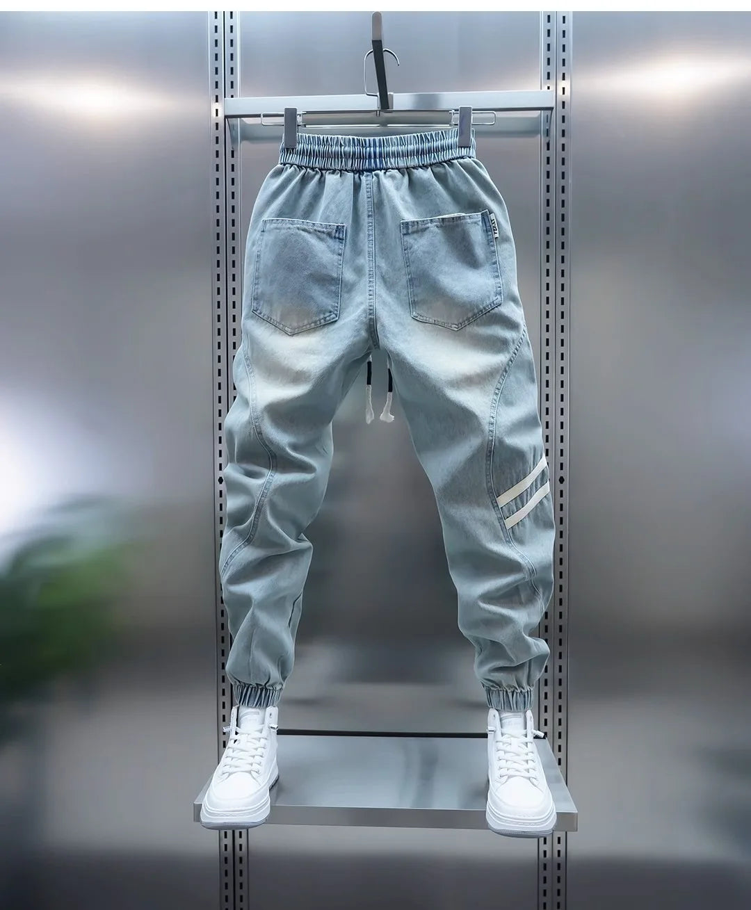 Men's Summer Slim Fit Jeans Light Blue Elastic Waist Patchwork Casual Pants Tapered Leg Jeans Harlan Sle Breathable Comfort...