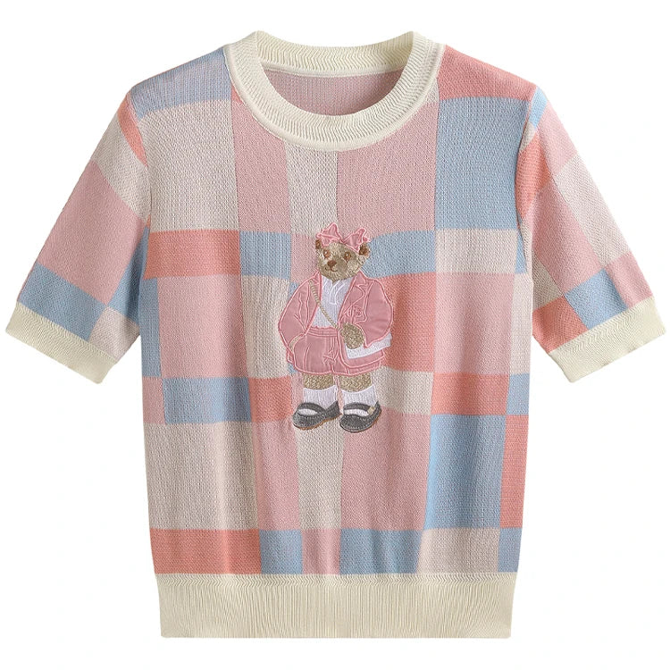 European Style Luxury Brand Loose O-Neck Bear Pullover Tops Knitwear Woman Short Sleeve T-shirt Ladies Wool Knitted Sweater