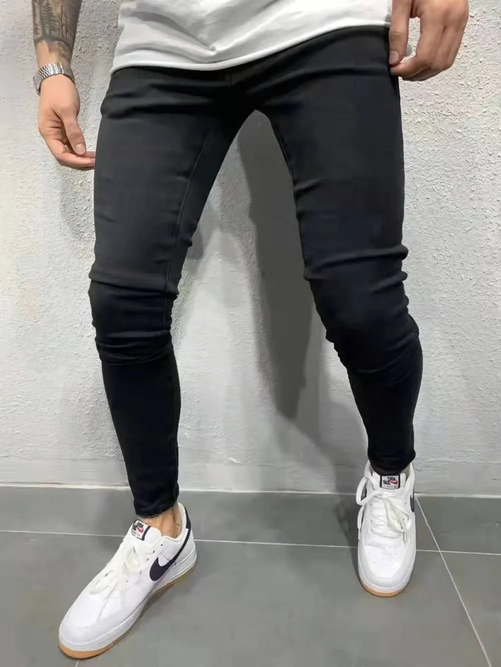 Male Hip-hop Trousers Pure Color Ripped Jeans Men Slim Long Pencil Pant Men Clothing High Quality Men Fashion Thin Skinny Jeans