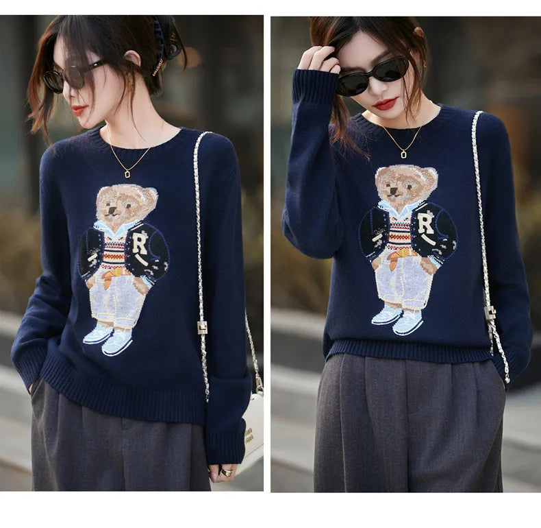 Thickened Woolen Knitted Sweater round Neck Embroidery Cartoon Bear Women's Base Shirt Autumn Winter New Style Premium Spun Wool
