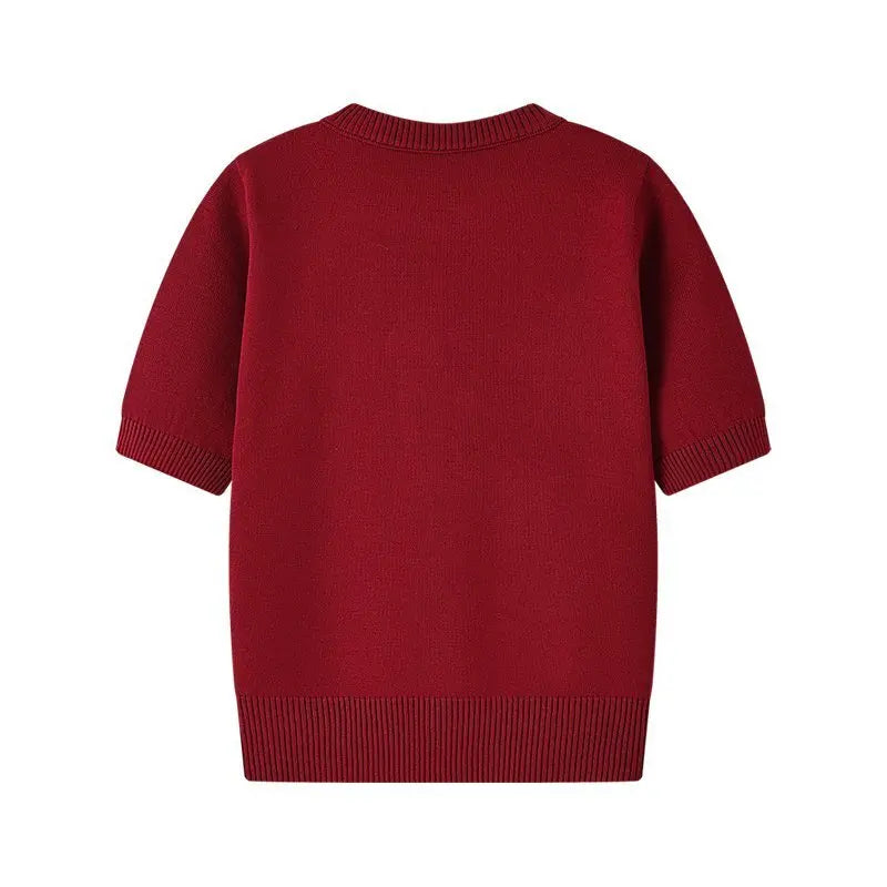 European Style Luxury Brand Loose O-Neck Bear Pullover Tops Knitwear Woman Short Sleeve T-shirt Ladies Wool Knitted Sweater
