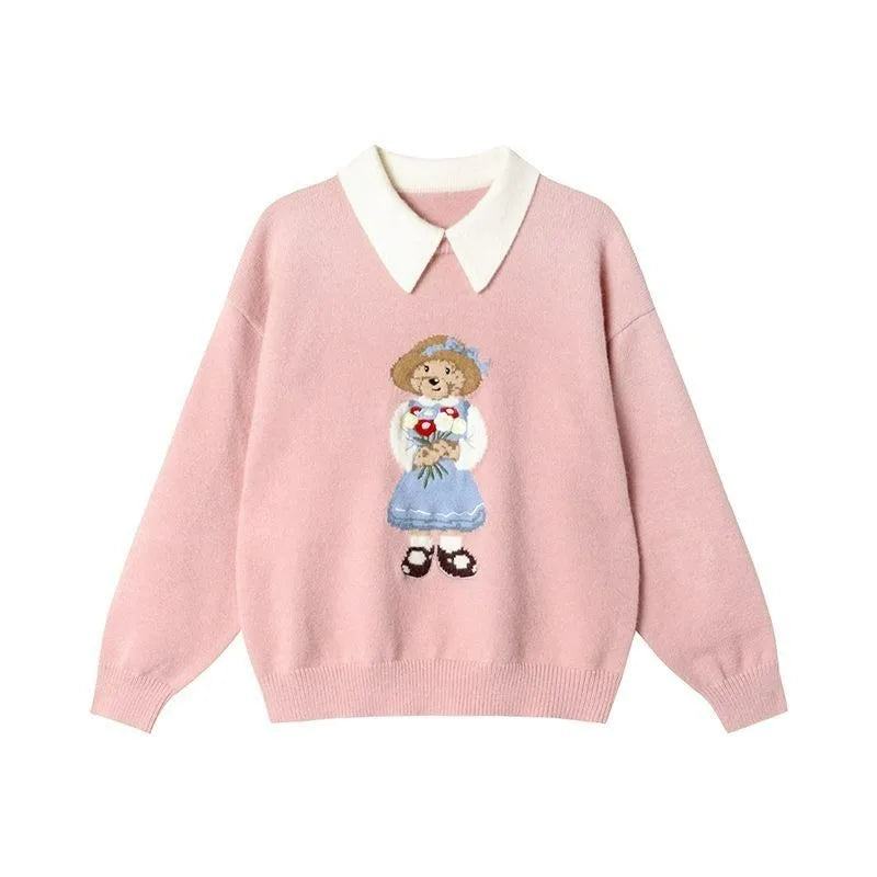 European Style Luxury Loose O-Neck Bear Pullover Women Autumn Winter Fashion Womens Tops Casual Ladies Knitted T-shirt Sweater