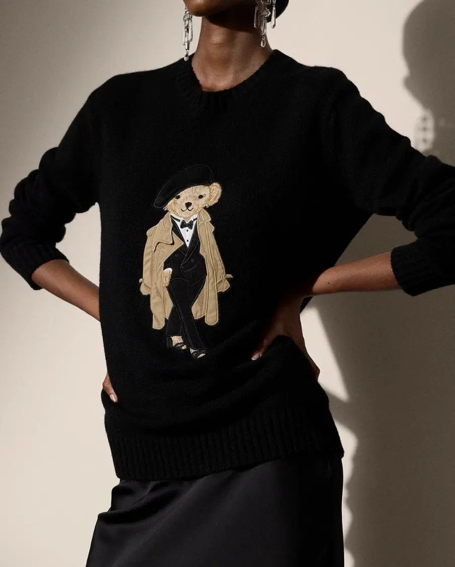 European Style Luxury Brand Loose O-Neck Bear Pullover Tops Knitwear Woman Long Sleeve T-shirt Ladies Wool Knitted Sweater Tops
