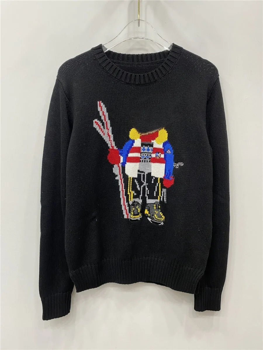 Soft Cotton Knit Sweater Women's Bear Embroidery Round Neck Top Autumn Winter Comfortable Wear Casual Embroidery Pullover