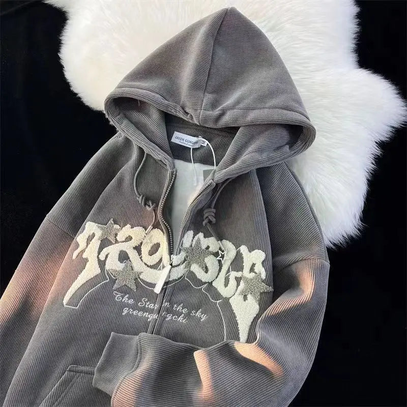 Hoodies Women Fashion Embroidery Zip Up Autumn Long Sleeve Tops Loose Hood Shirt Harajuku Y2K Clothes Female Sweatshirt Jacket