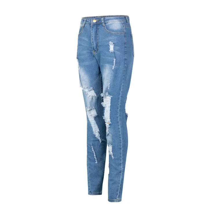 Hot Sale Woman Dark Blue Ripped Jeans Fashion High Waist Skinny Denim Jeans Stretch Slim Pencil Pants S-3XL Drop Shipping