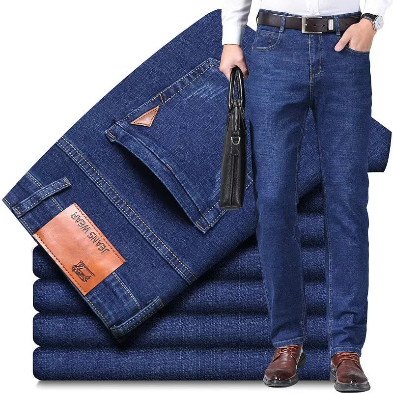 Men NEW Men's Fashion Business Jeans Classic Style Casual Stretch Slim Jean Pants Male Brand Denim Trousers Black Blue Mens