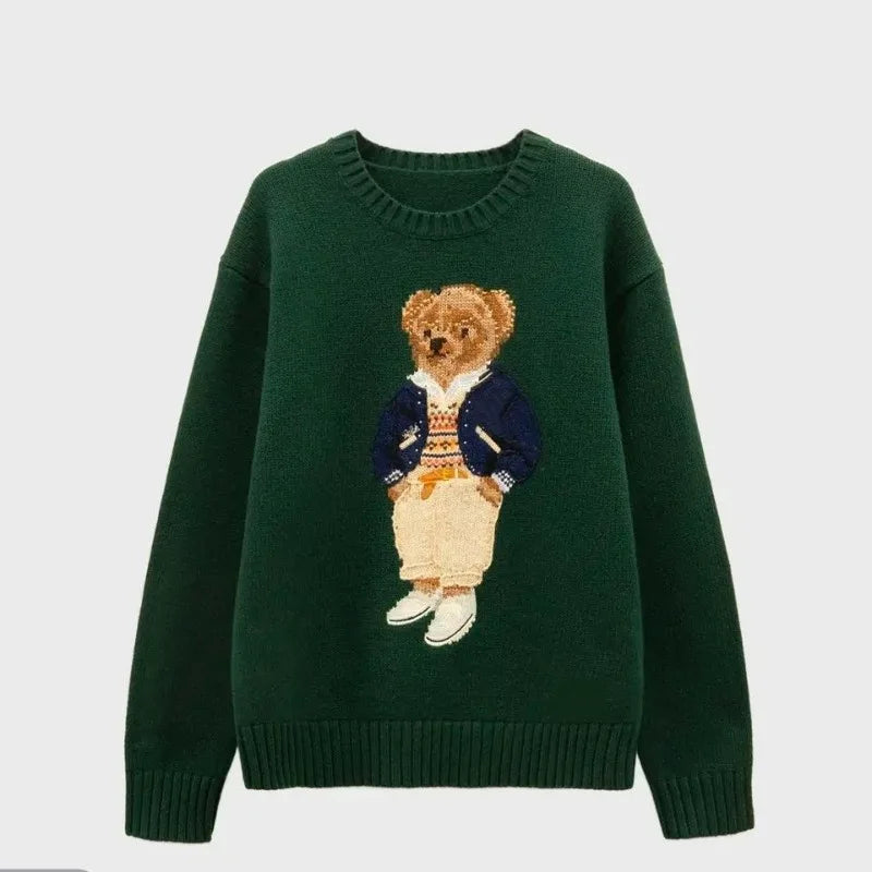 Cartoon Teddy Bear Knitted Embroidery Pullover Women 2025 New Autumn Round Neck Female Knitted Sweater Casual Womens Tops