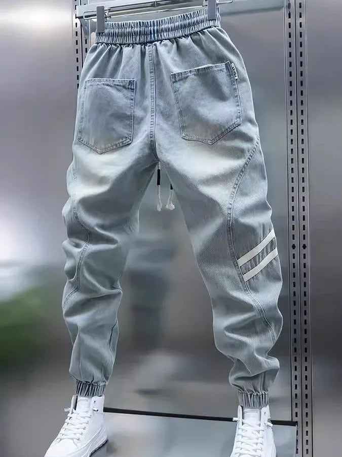 Men's Summer Slim Fit Jeans Light Blue Elastic Waist Patchwork Casual Pants Tapered Leg Jeans Harlan Sle Breathable Comfort...