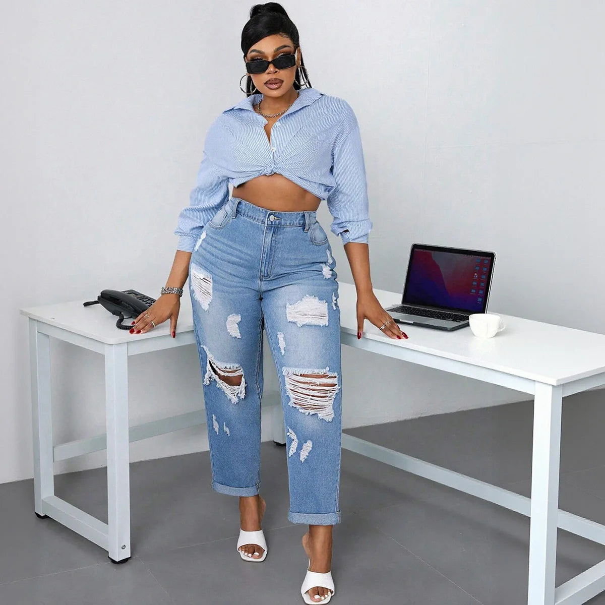 Plus Size Women's Ripped Jeans - Trendy Distressed Denim, Perfect for Daily Wear