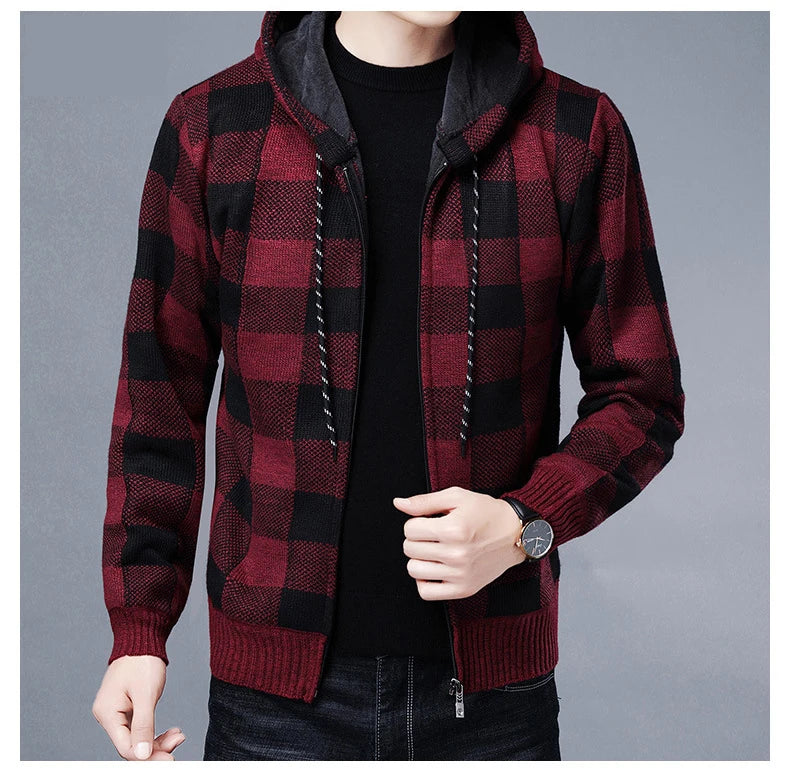 Sweater Jacket Fashion Winter Coat Fleece Hoodies High Quality Luxury Checkered Hooded Knit Cardigan Male Outer Wear