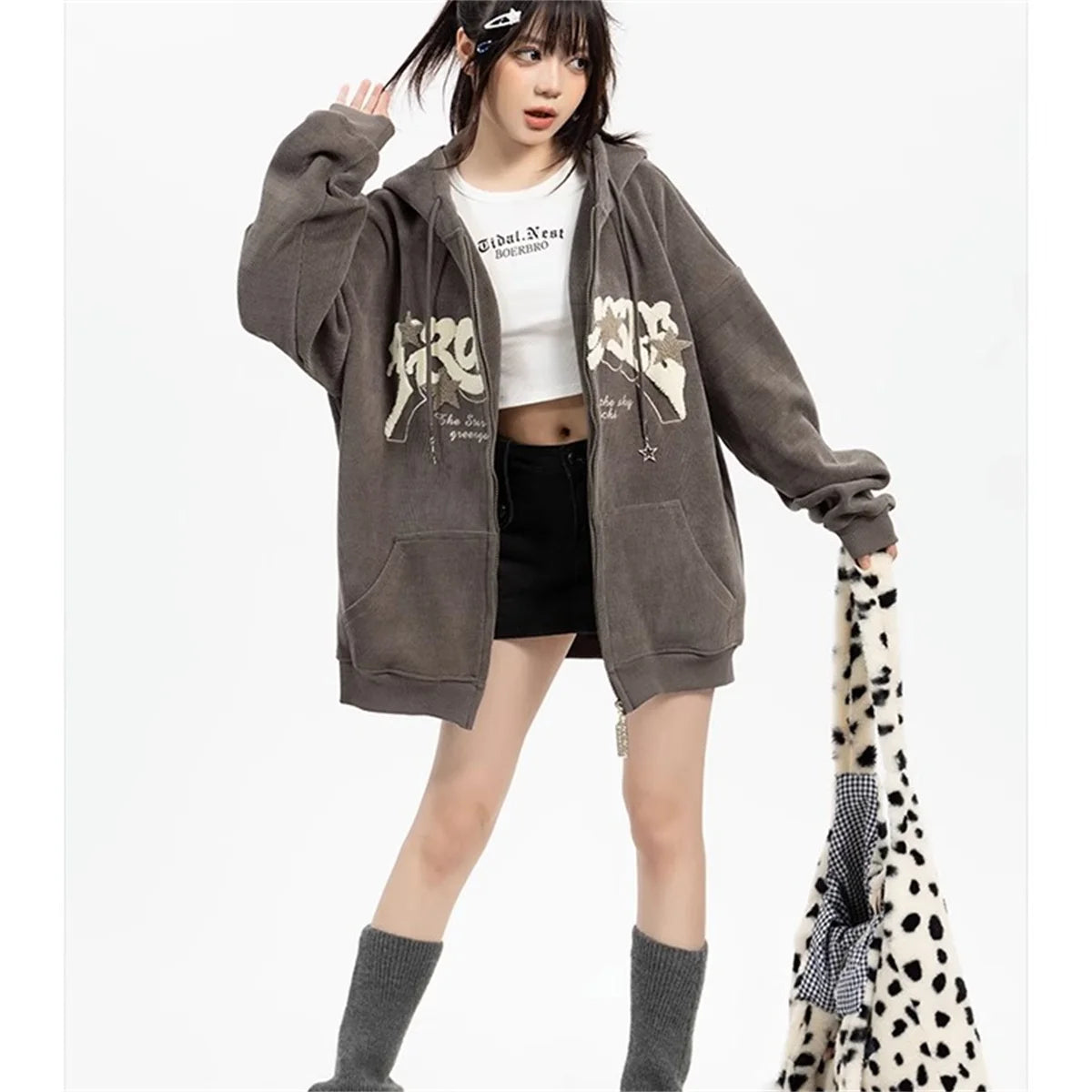 Hoodies Women Fashion Embroidery Zip Up Autumn Long Sleeve Tops Loose Hood Shirt Harajuku Y2K Clothes Female Sweatshirt Jacket